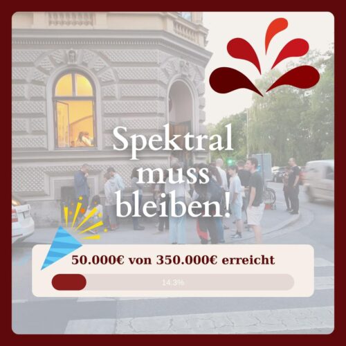 Grafik zum aktuellen Zwischenstand der Spektral Kaufkampagne zukunft.spektral.at Im Hintergrund sieht man das Spektral vor dem Menschen stehen. Oben rechts befindet sich das Spektral Logo. In der Mitte steht: "Spektral muss bleiben!" Unten ist ein Fortschrittsbalken, in dem steht 50.000€ von 350.000€ erreicht.